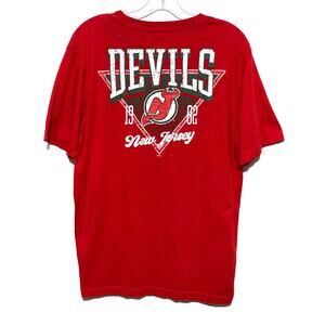 New Jersey Devils Hockey Logo Athletics Red Shirt Boys Kids L Front Back Graphic